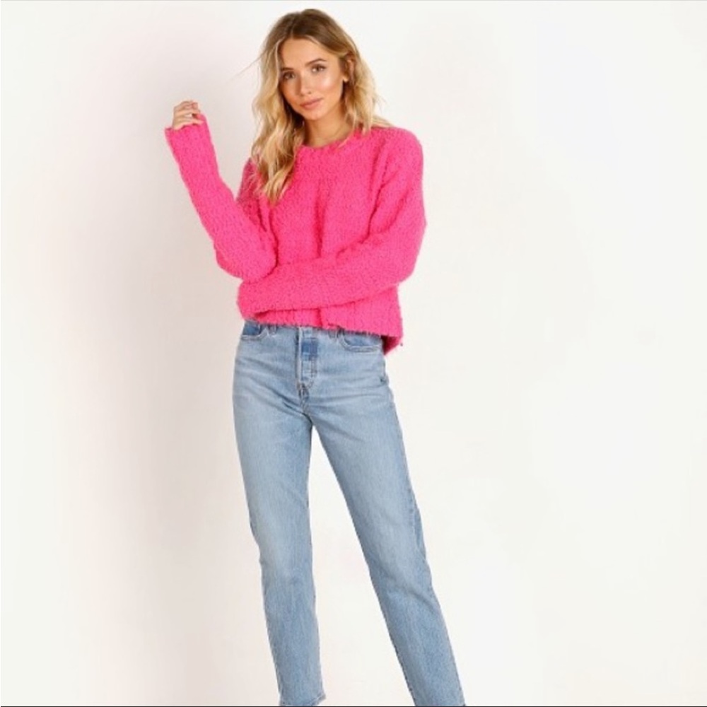 Show Me Your MuMu Cropped Varsity Sweater Dazzling Pink Knubby Knit Size Medium